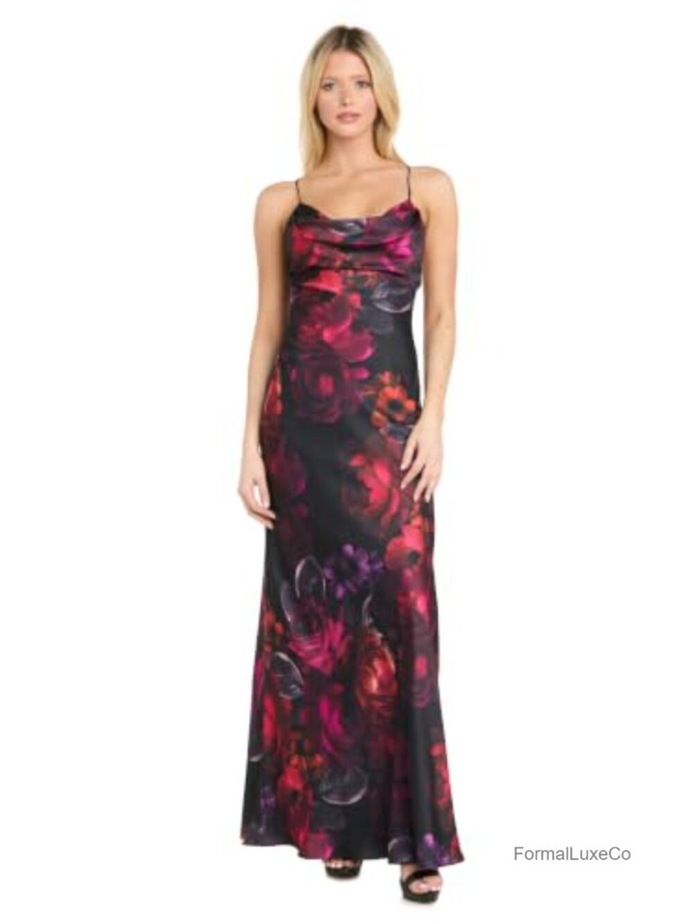 Women's Floral Satin Slip Stretch Dress with Cowl Neckline
